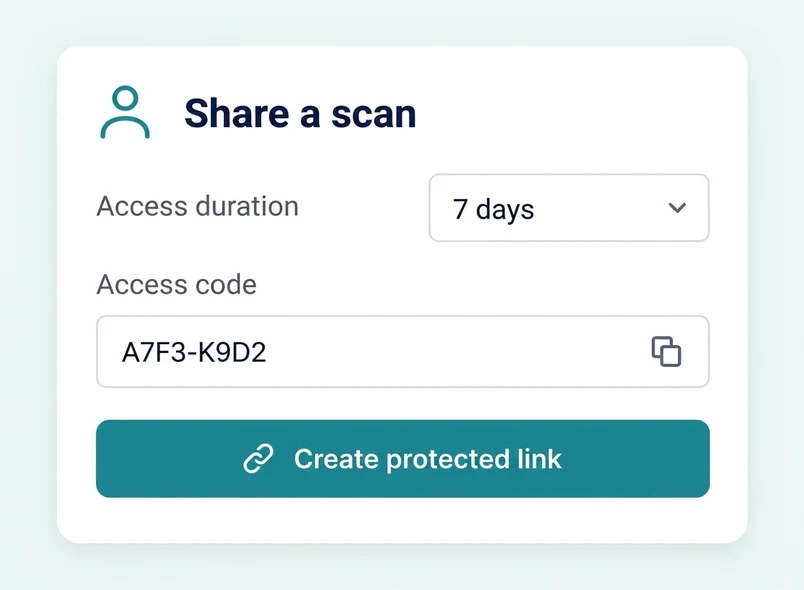 Preview of the share screen: access duration, code and protected link creation